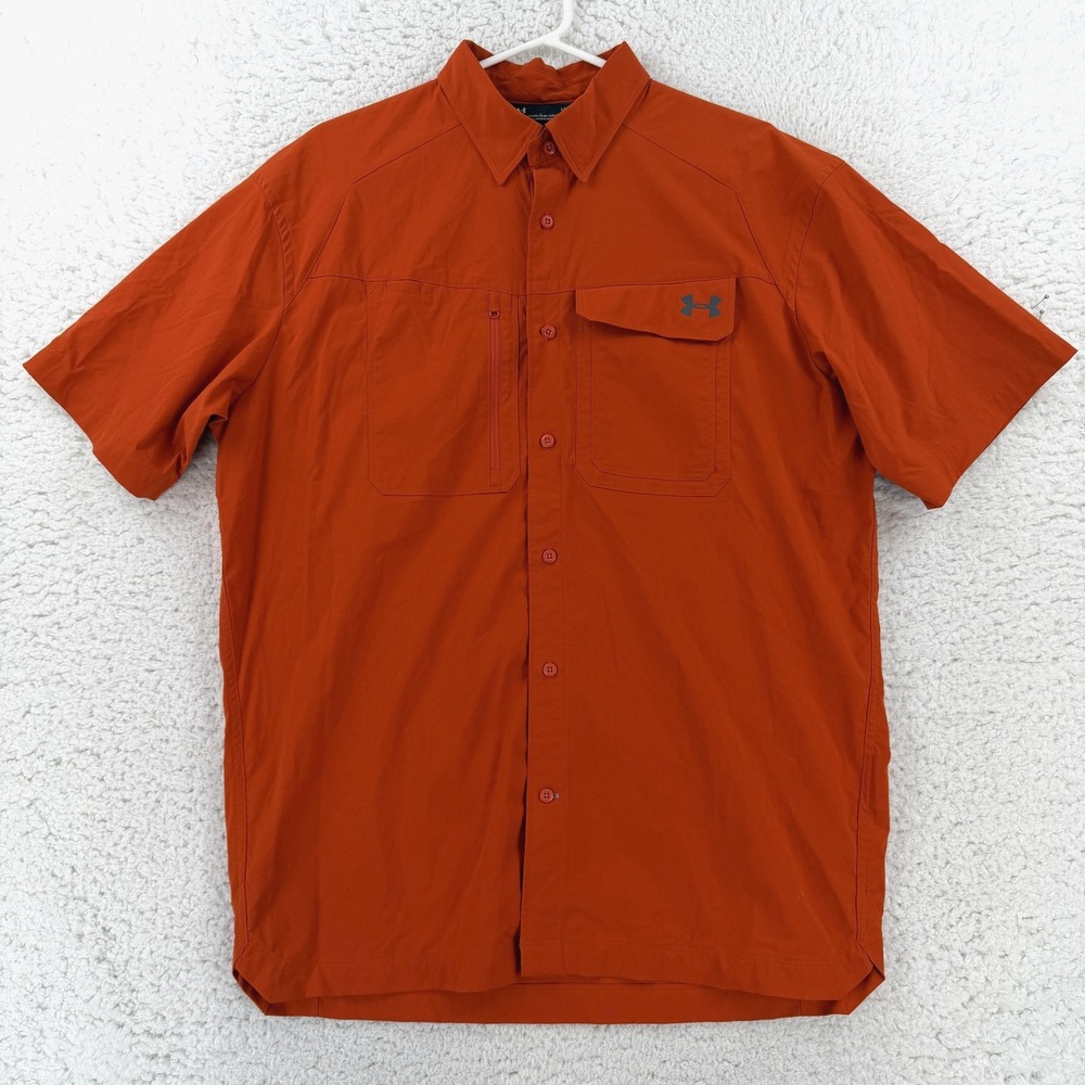 Under Armour Shirt Mens Large Orange Short Sleeve Button Up Fishing HeatGear